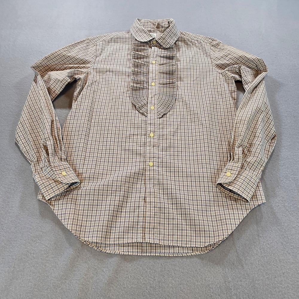 Nell Flowers Blouse Womens 10 Brown Plaid Tuxedo Ruffle Bib Vintage Peter Pan